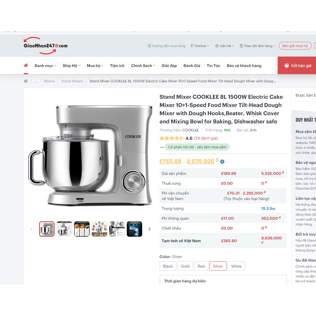 Máy nhào bột COOKLEE 8L 1500W SM-1551 10 tốc độ sử dụng- Bánh răng bằng kim loại nhào được 1.2 kg bột khô