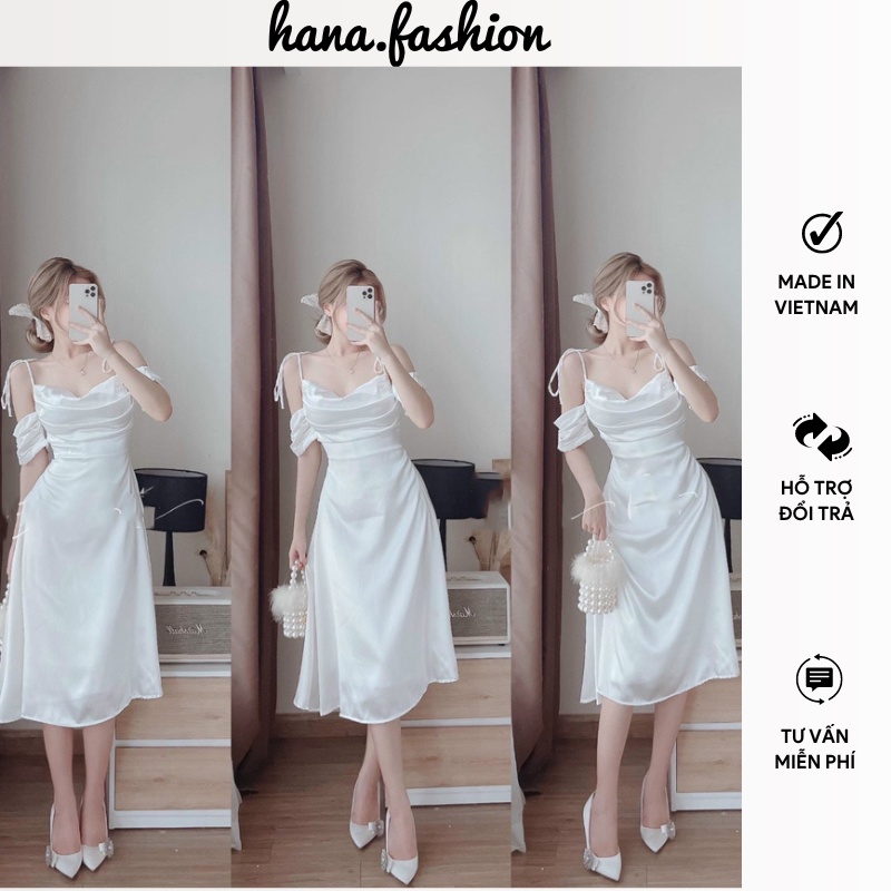 Đầm dự tiệc trắng váy 2 dây rớt vai cổ đổ ngực xếp ly dáng xòe phù hợp đi dự tiệc đi đám cưới sang trọng