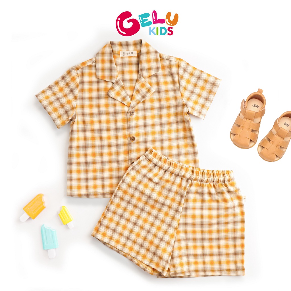 Quần áo bé trai, set bộ sơ mi GELU KIDS ngắn tay kẻ caro phong cách Hàn Quốc - SBU004