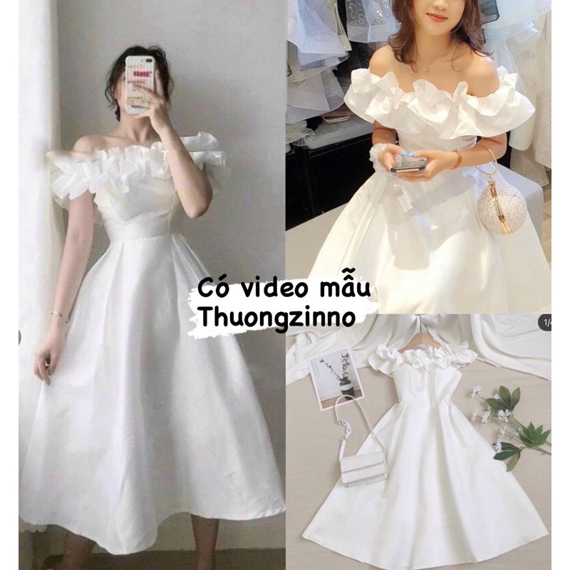 [Ảnh thật/Video]Váy trắng công chúa trễ vai bèo bồng bềnh Đầm dự tiệc thiết kế