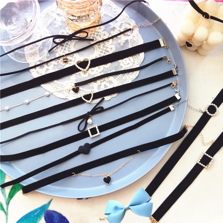 Vòng Cổ choker Dây Nhung Đen Đính Hạt Ngọc Trai Phong Cách Hàn Quốc