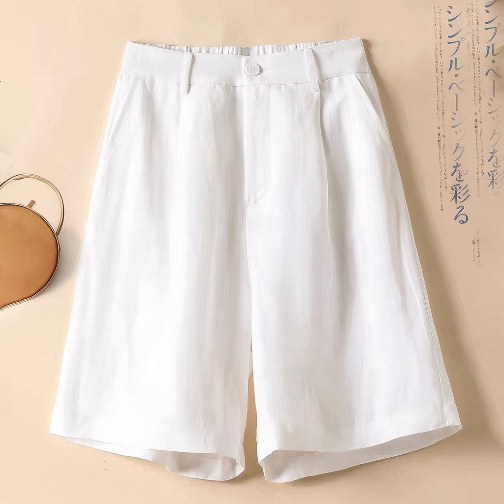 Quần đùi đũi nữ ống rộng cạp chun lưng thun khóa kéo - Màu Đen Trắng Be - Chất vải đũi - Mặc ở nhà đi  thể thao cực mát