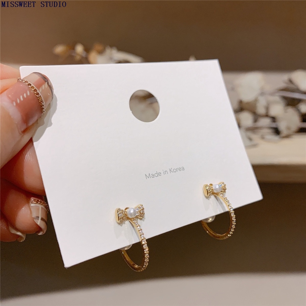 Bông tai hình nơ đính đá/ngọc trai nhân tạo phong cách cổ điển thời trang cho nữ