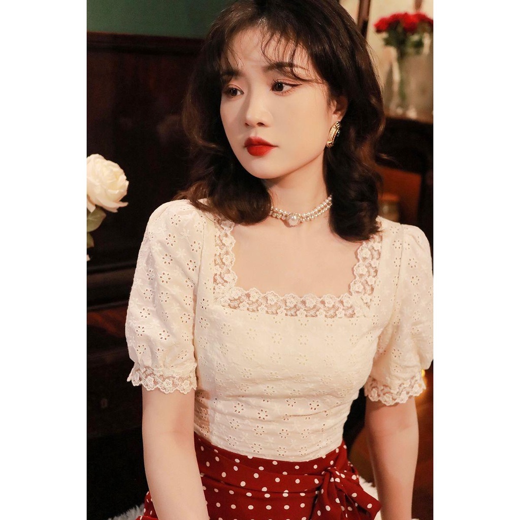 The store is on holiday  please chat with customer service! Áo Ren Tay Ngắn Cổ Vuông Họa Tiết Thêu Hoa Phong Cách Retro