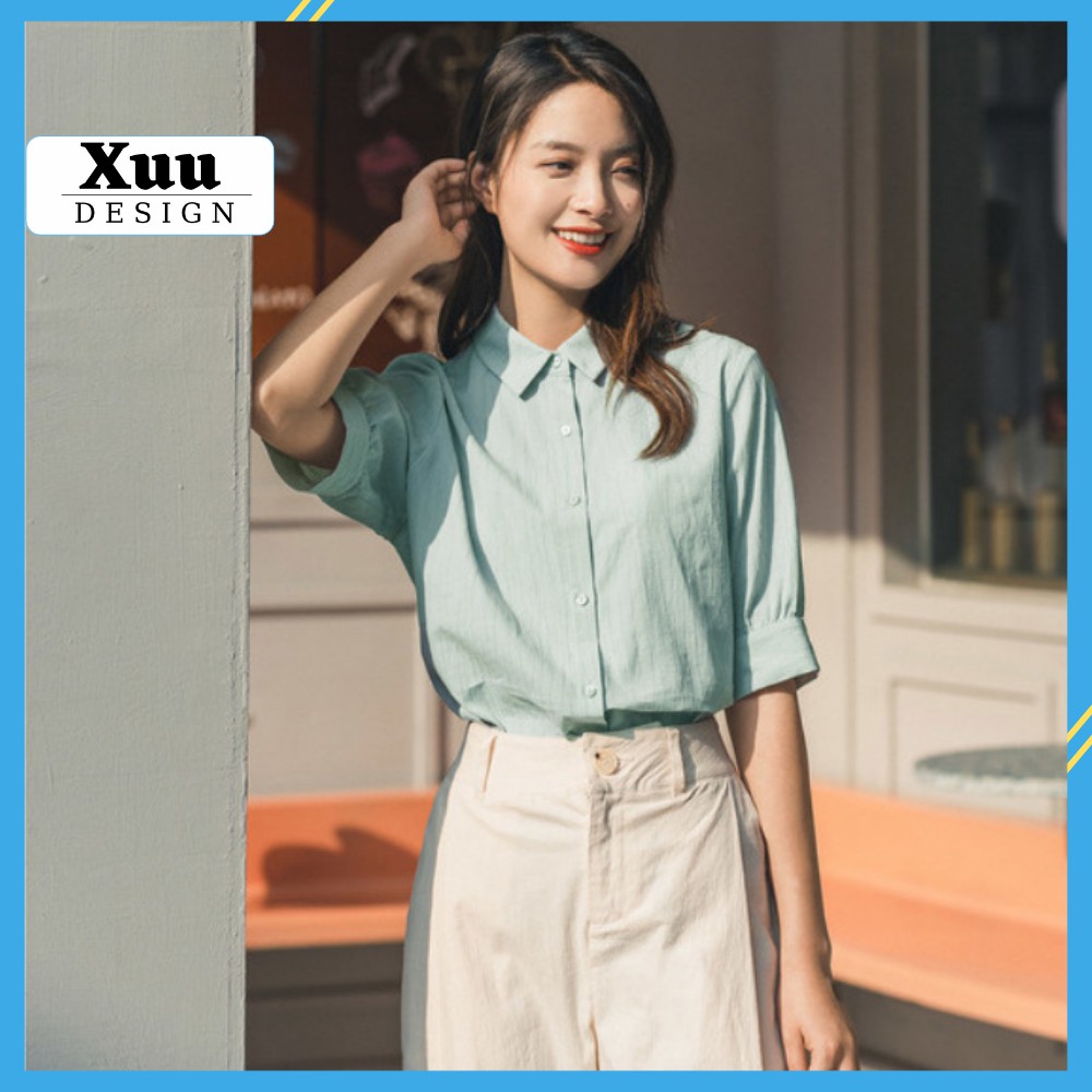 Áo sơ mi nữ tay bồng Xuu Design, Áo nữ kiểu cổ đức tay lỡ màu sắc thanh lịch [SP33 xanh lá]