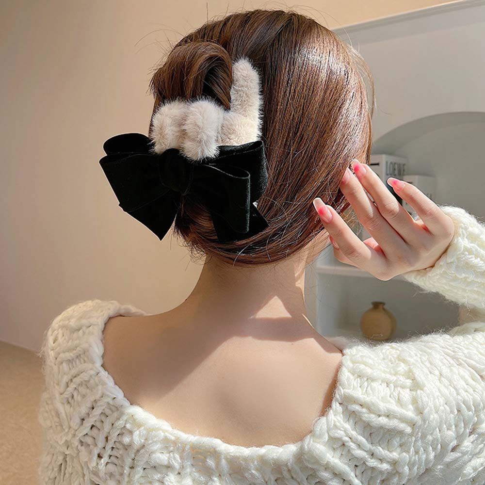 Kẹp tóc nhựa acrylic phối vải lông thắt nơ lớn phong cách Hàn Quốc cổ điển thời trang dành cho nữ