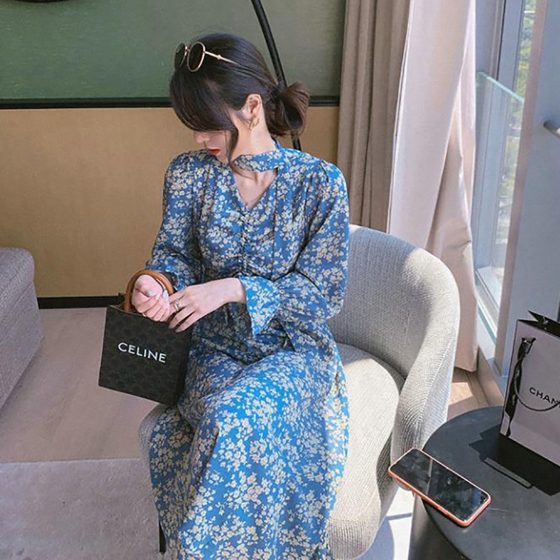 IELGY Đầm Voan Hoa Dài Tay Cổ Chữ V Nhấn Eo Cao Xinh Xắn Dành Cho Nữ