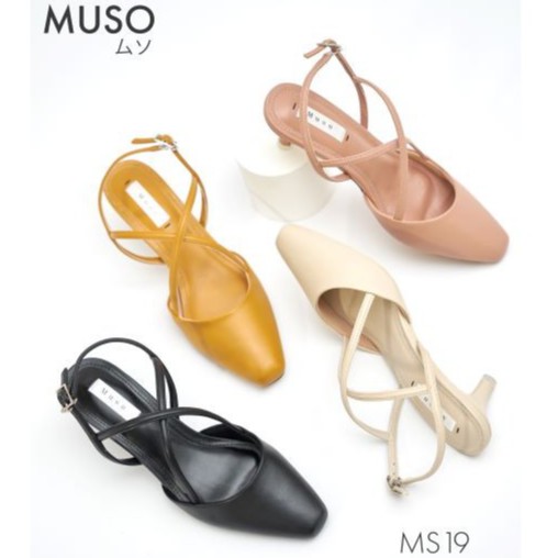 Giày Cao Gót Slingback Quai Chéo 3cm MUSO Mũi Vuông Da Trơn Dễ Thương Xuất Nhật