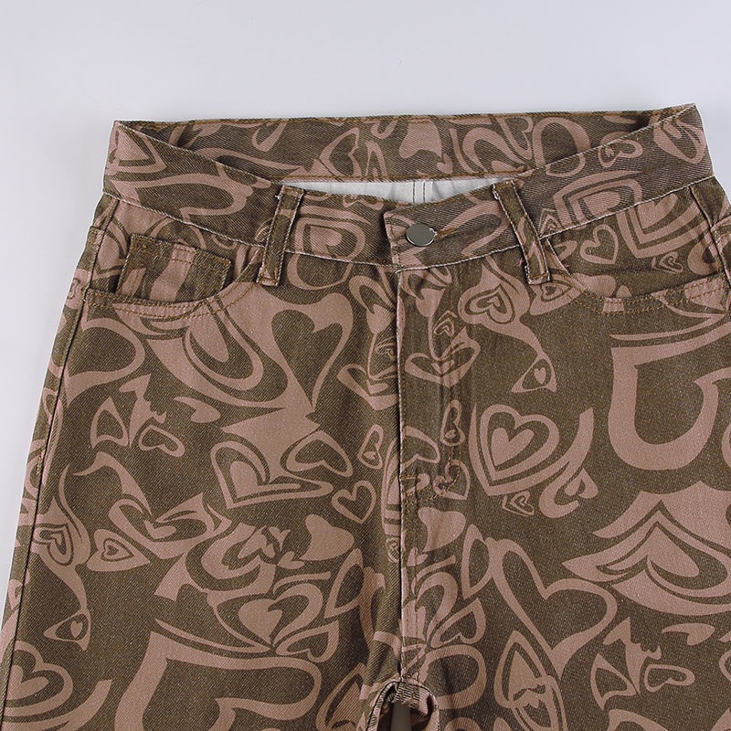 Quần jean thắt lưng cao in hình trái tim màu tương phản phong cách Âu Mỹ thời trang cho nữ