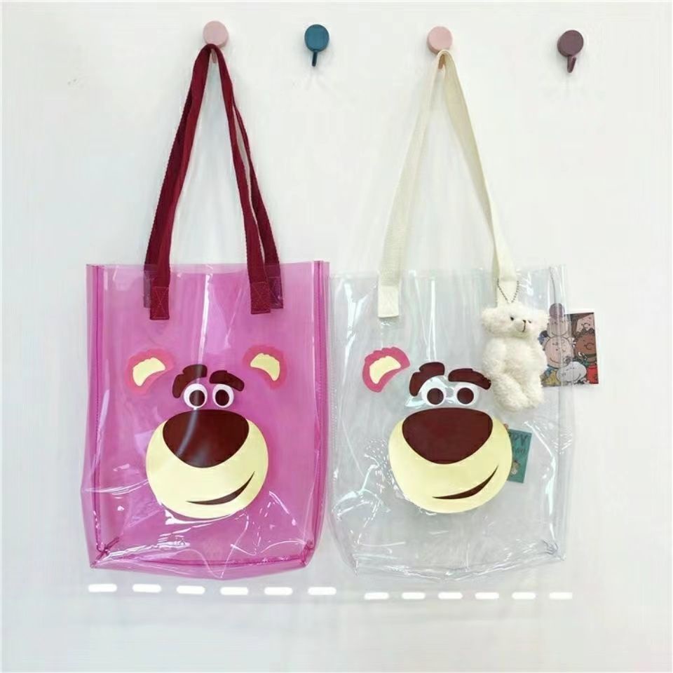 Túi tote Đeo Vai Bằng pvc Trong Suốt Chống Thấm Nước In Hình Gấu Dâu Dễ Thương Cho Học Sinh