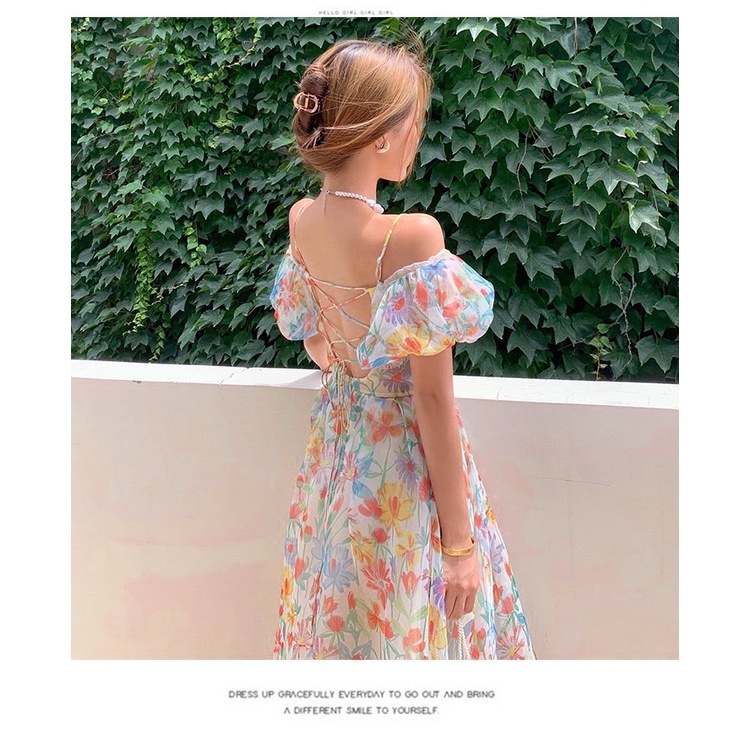 Đầm maxi hoa trễ vai đan lưng chéo cá tính váy nữ xinh đẹp quyến rũ đi tiệc,dạo phố sang trọng