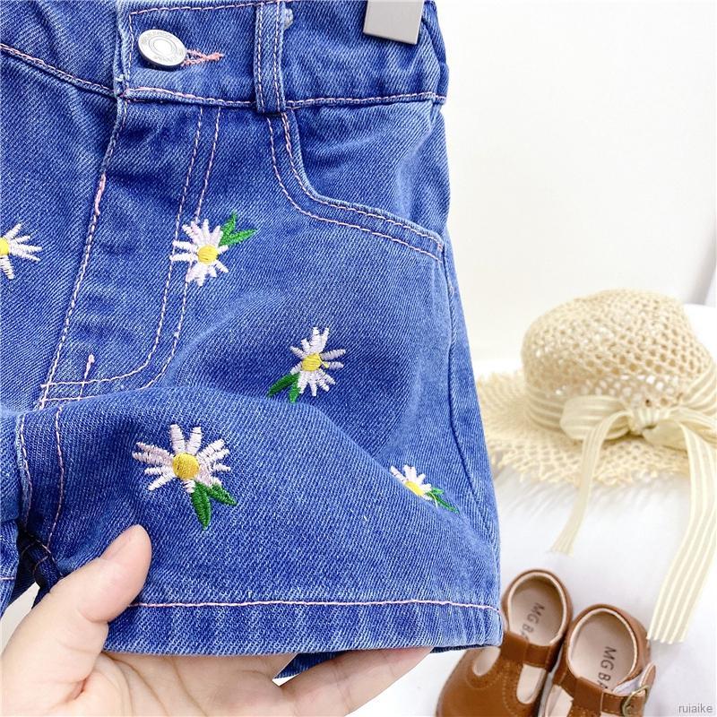 Quần Short Denim Lưng Thun Thêu Hoa Cúc Thời Trang Dành Cho Nữ