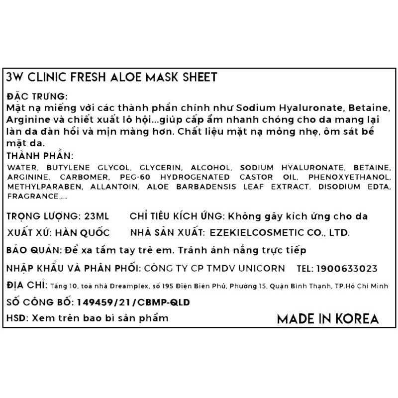 Mặt nạ giấy dưỡng ẩm, trắng da, chống lão hóa chiết xuất thiên nhiên Hàn Quốc 3W Clinic Fresh Mask Sheet 23ml