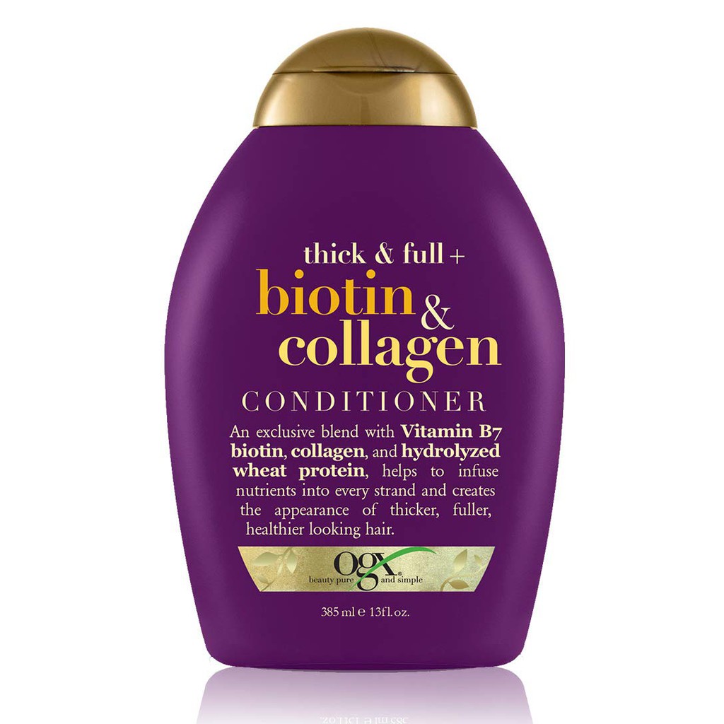 Dầu xả làm dày tóc OGX Thick &amp; Full + Biotin &amp; Collagen Conditioner 385ml (màu tím)