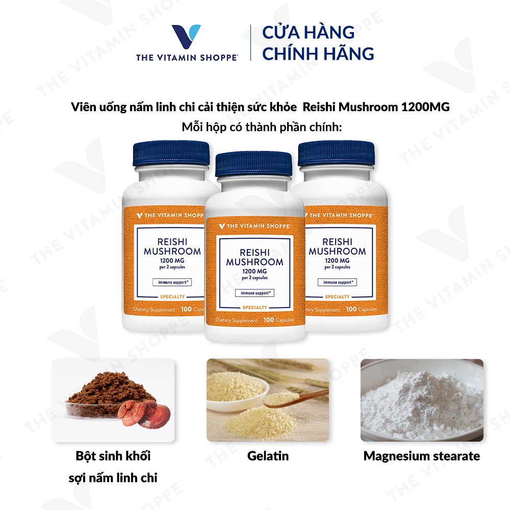 Viên uống nấm linh chi tăng cường đề kháng THE VITAMIN SHOPPE Reishi Mushroom 1200 MG 100 viên