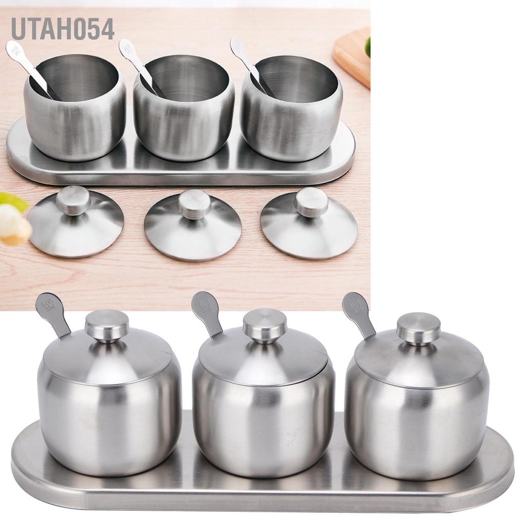 [Hàng Sẵn] Set 3 Hũ đựng gia vị bằng thép không gỉ 304 Kèm Khay Thìa【Utah054】
