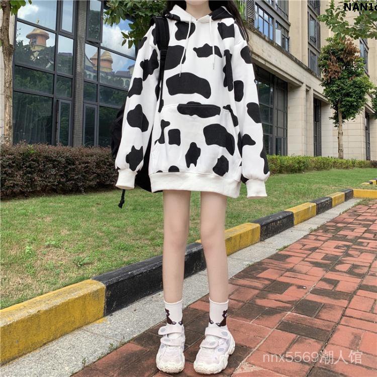 Áo Hoodie Dáng Rộng Tay Dài In Hình Bò Sữa Thời Trang 2020