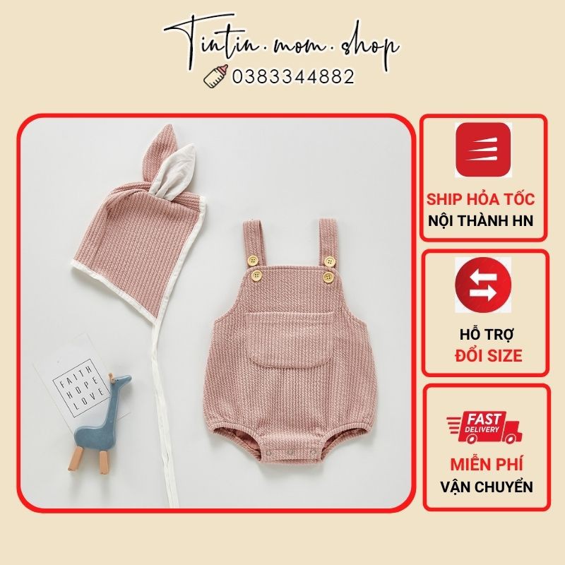 Set body yếm nhung kèm áo bèo trắng và mũ tai thỏ cho bé gái 3-24M