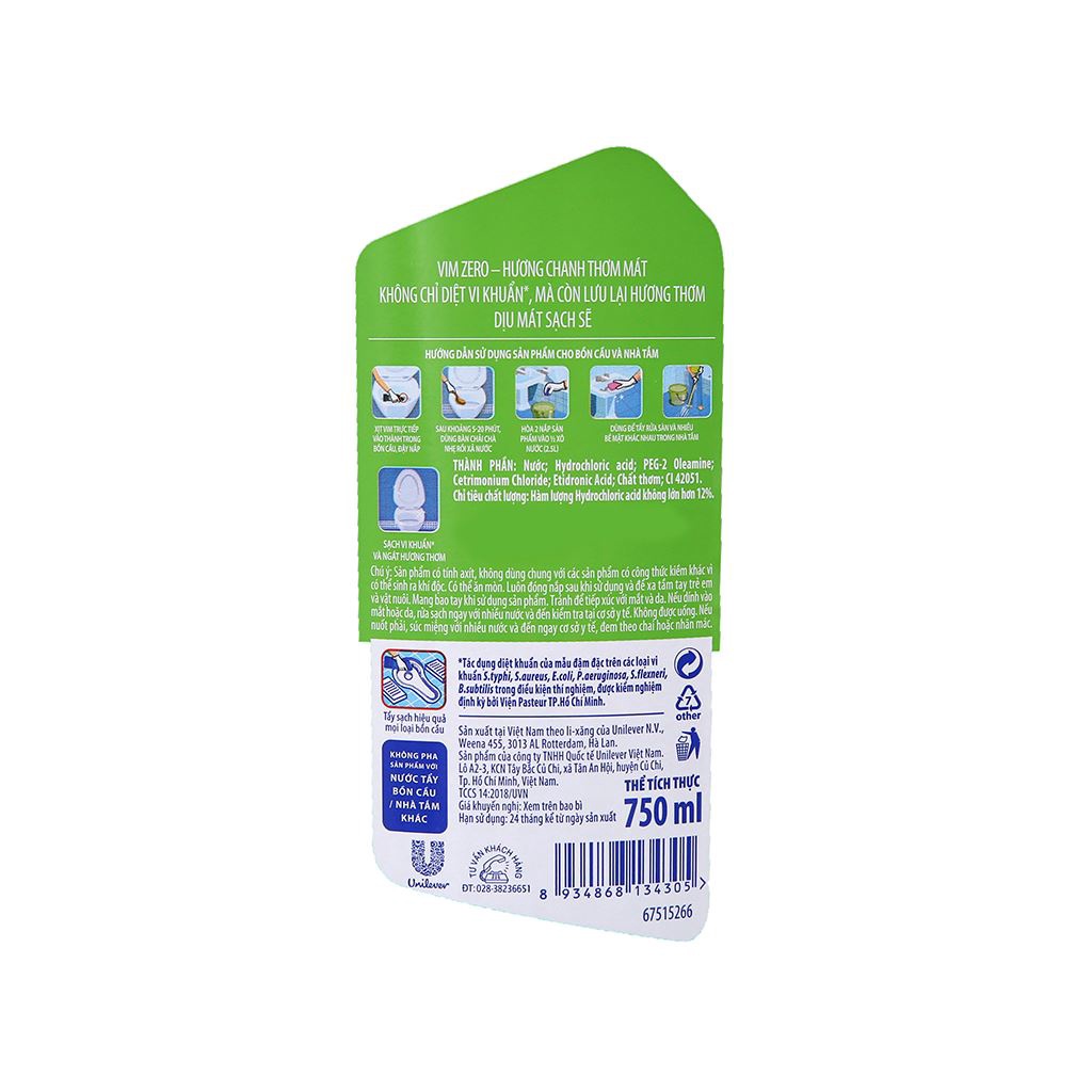 Nước Tẩy Bồn Cầu Vim Zero Mảng Bám Xanh Chai 750ml