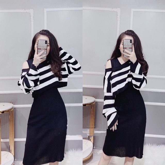 Set Đầm Body - Crop Tay Dài Sọc Bigsize (Có Ảnh Thật)