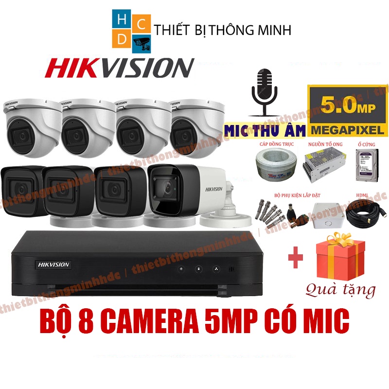 Bộ camera Hikvision 5/6/7/8 mắt 5mp chính hãng tích hợp mic thu âm chất lượng 2K+ đầy đủ phụ kiện