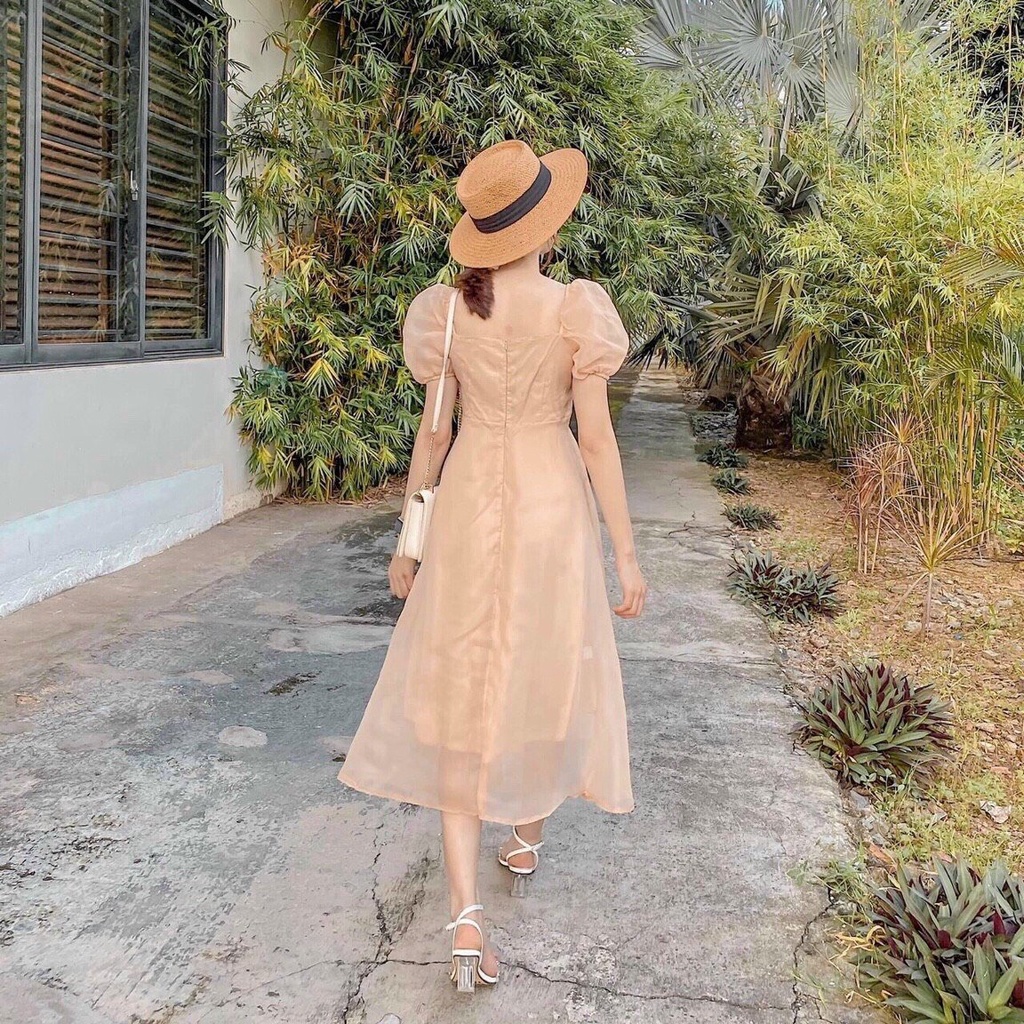 Đầm tiểu thư 2 lớp siêu xinh phối cổ vuông ống tay phồng màu da siêu sang chảnh