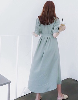 Đầm váy suông mint cột eo, váy midi dạo phố (kèm hình thật)