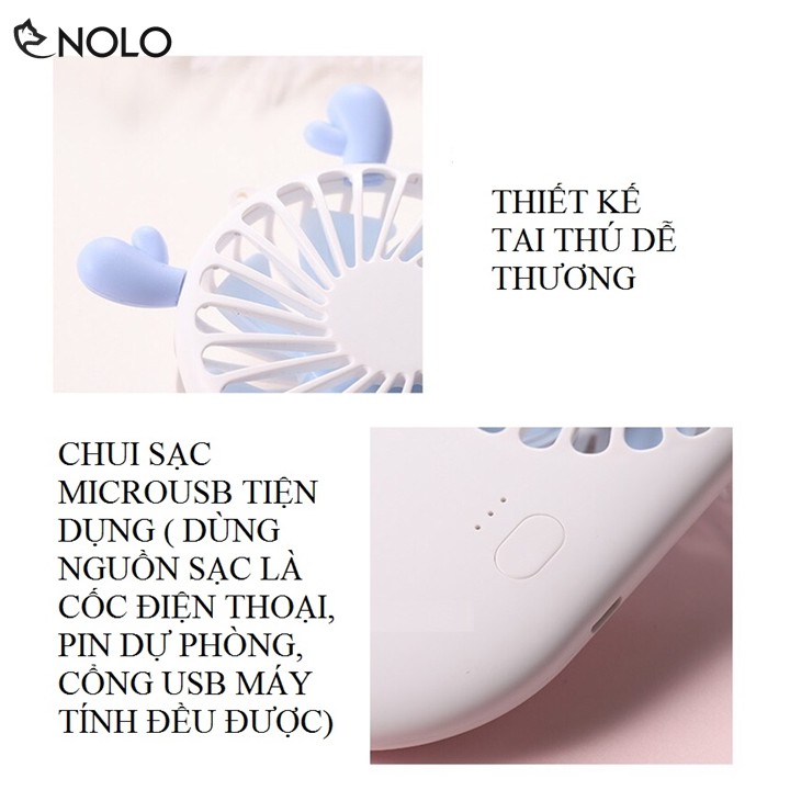 Quạt Để Bàn Cầm Tay Mini Pin Sạc Sừng Hươu Tai Mèo 3 Tốc Độ Gió Có Kèm Chân Đứng Để Bàn Dung Lượng Pin 800mah