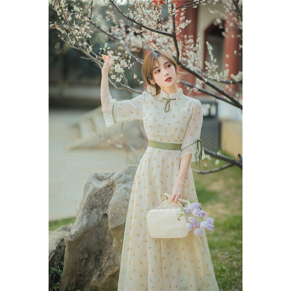 Đầm Sườn Xám Cách Tân Vải Voan Tay Loe In Hoa Kiểu Retro Pháp Thời Trang Mùa Hè Cho Nữ