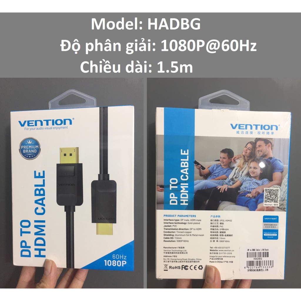 Cáp chuyển DP male ra HDMI male Vention HAGBF (4K) và HADBG (1080P)