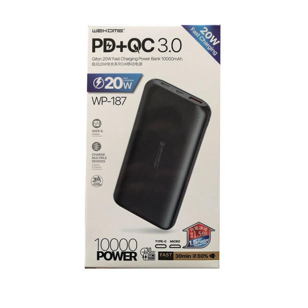 Pin sạc dự phòng 10.000mAh Wekome WP187, Sạc nhanh QC 3.0, PD 20W - Hàng Chính Hãng