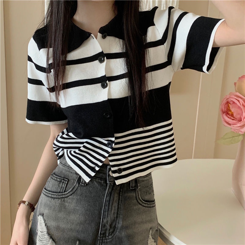Áo Cardigan Dệt Kim Cổ polo Dáng Ngắn Phong Cách Pháp Thời Trang Mùa Hè Cho Nữ  tao bao