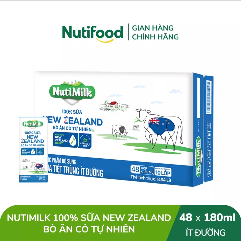 [HSD T10-2022] Thùng 48 Hộp 100% sữa New Zealand bò ăn cỏ tự nhiên ít đường 180ml