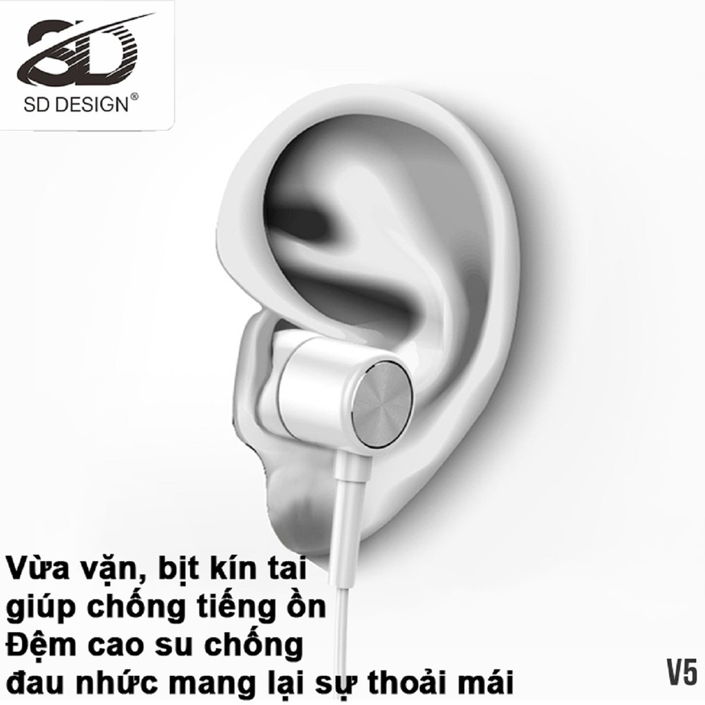 Tai Nghe Nhét Tai SD Design V5 Super Bass tương thích các dòng điện thoại jack 3.5mm, có mic bảo hành Chính Hãng 1 đổi 1