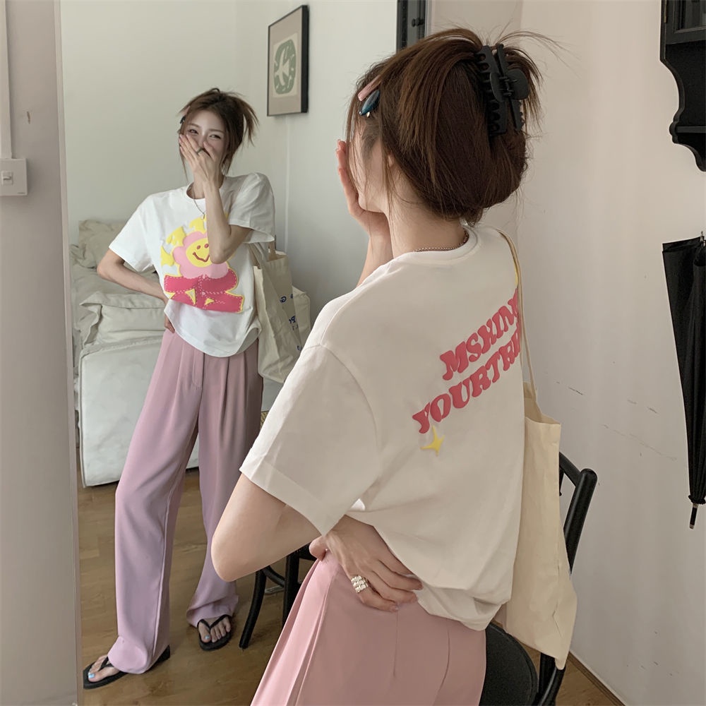 Áo Thun Cotton Ngắn Tay Dáng Rộng In Hình Dễ Thương Phong Cách Hàn Quốc  tao bao