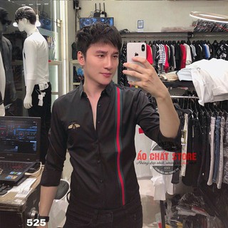 Áo sơ mi nam đen họa tiết con ong cao cấp | sơ mi đen tay dài đẹp sm23