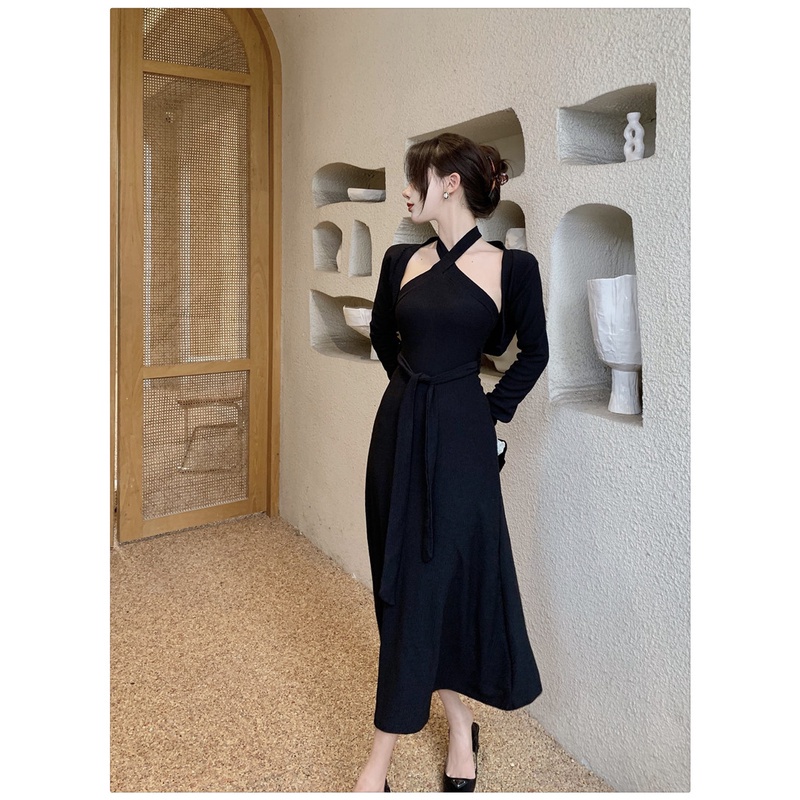 Set đồ COZOKC gồm đầm và áo khoác cardigan dáng ngắn phong cách cổ điển