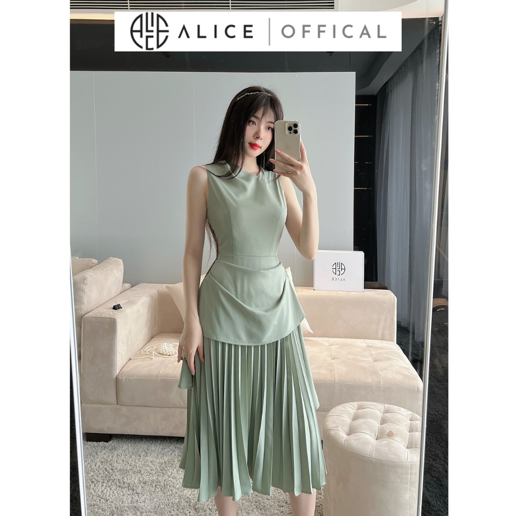 Váy Công Sở Sát Nách Cao Cấp ALICE, Thiết Kế Cổ Tròn Váy Dập Ly Độc Đáo Kiểu Dáng Sang Trọng V839