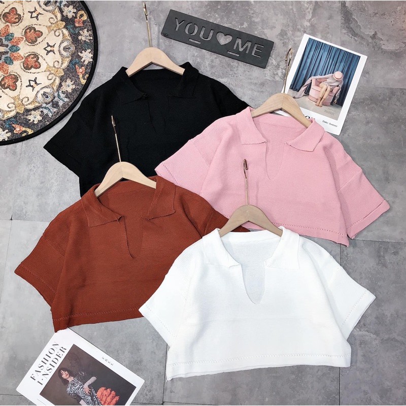 Áo len croptop cộc tay cổ bẻ dáng thụng