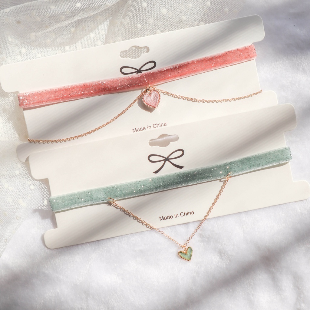 Vòng Cổ Choker Hai Lớp Bằng Vải Nhung Sáng Bóng Thời Trang Nhật Hàn Và Hàn Quốc