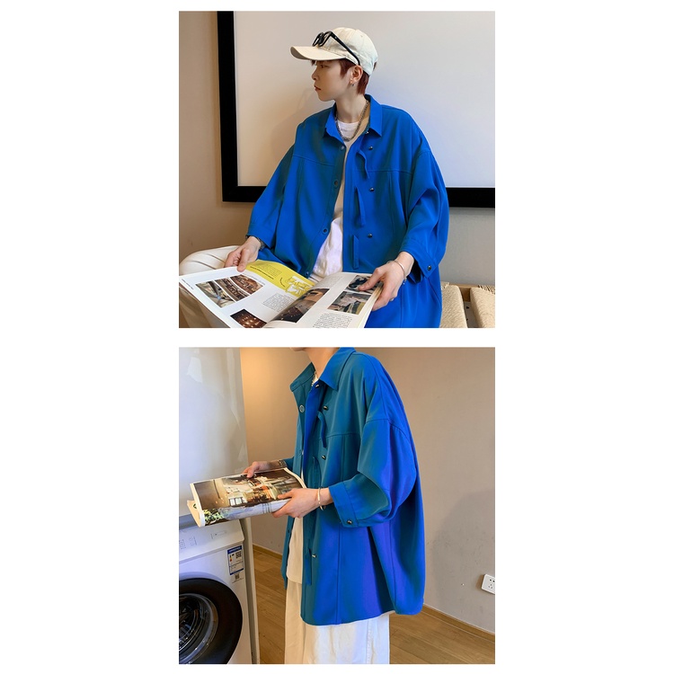 Giảm Giá Áo Sơ Mi Nam Cài Nút Tay Áo Ba Lỗ Dáng Rộng Màu Xanh Dương Phong Cách Hồng Kông Nhật Bản Thời Trang Mùa Xuân Hè