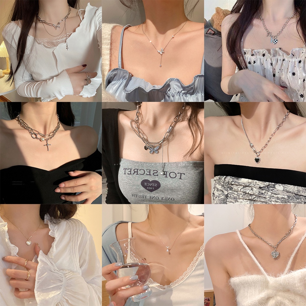 Vòng cổ Mạ Bạc 2K Mặt Hình Bướm / Bảng Chữ Thập / Trái Tim Đính Ngọc Trai Thời Trang Cho Nữ