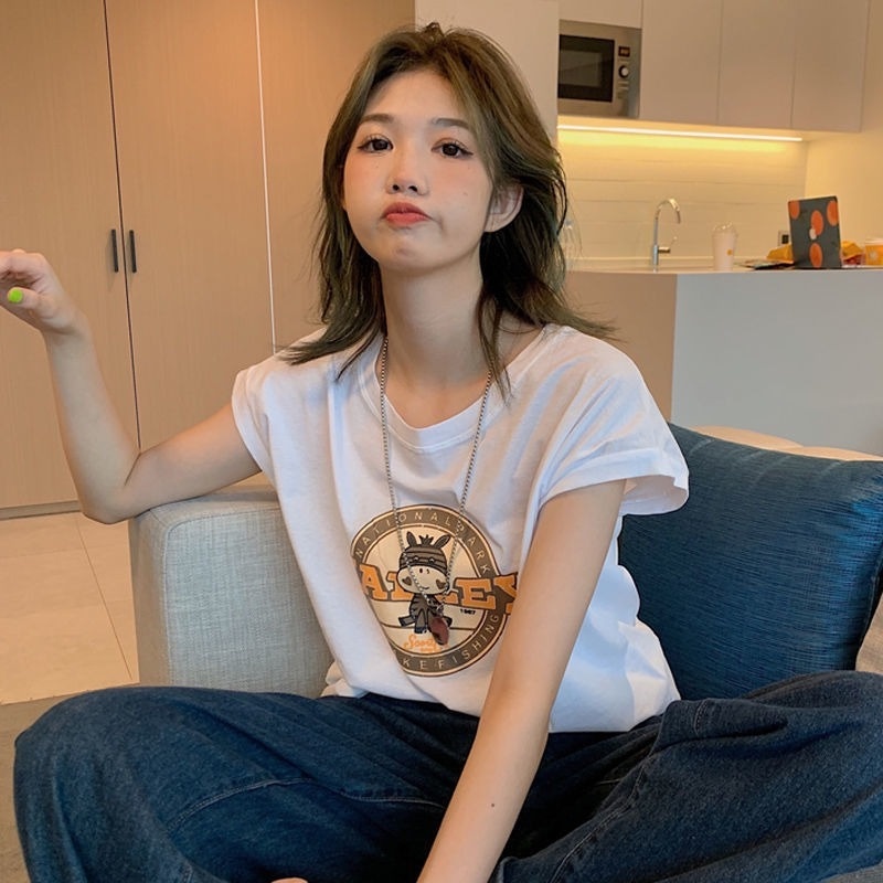 Áo Thun Sát Nách Dáng Rộng In Chữ Và Hoạt Hình Kiểu Hàn Quốc Thời Trang Mùa Hè Cho Nữ