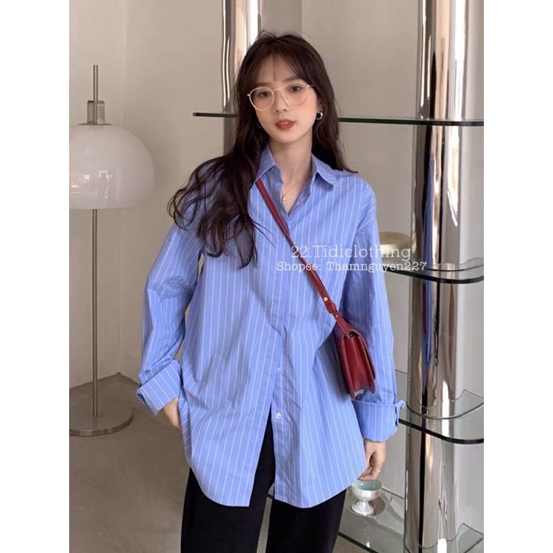 Áo sơmi ulzzang kẻ sọc xanh form rộng Oversize