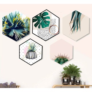 Bộ decor nhiệt đới lục giác - tranh decor dán tường chống nước tặng kèm băng keo 3M bóc dán, chất liệu nhựa foam 5mm