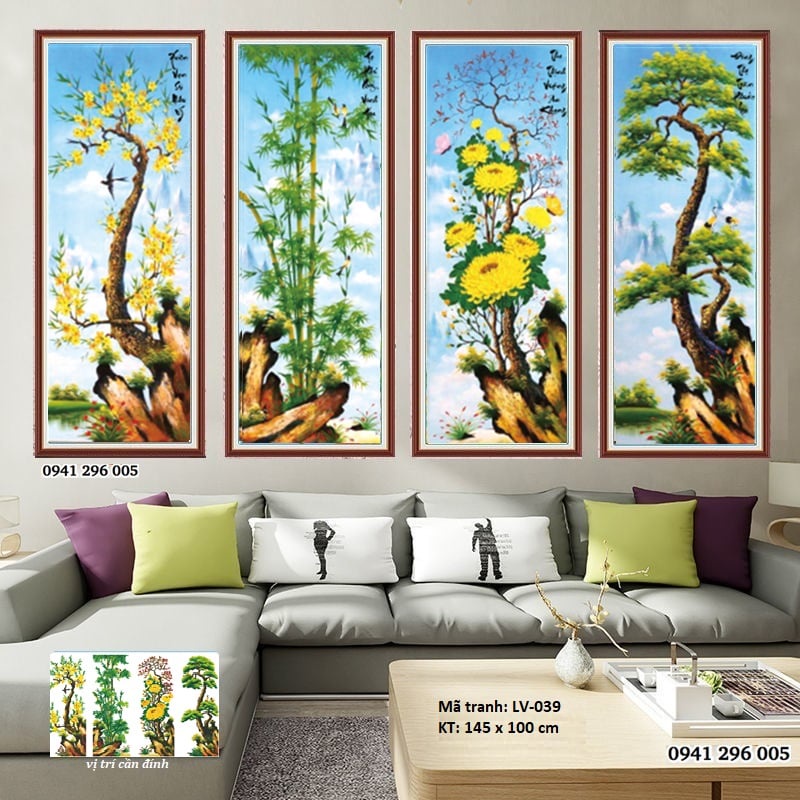 Tranh đính đá Tứ quý Tùng Cúc Trúc Mai LV039 , Tranh thêu LV3026