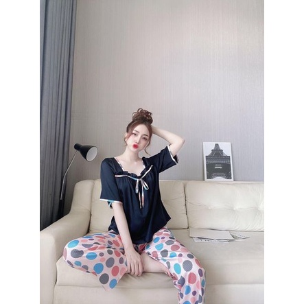 Đồ bộ pijama sang cao cấp cho nữ - Lụa Satin hàng thiết kế tay ngắn quần dài dưới 65kg sang trọng
