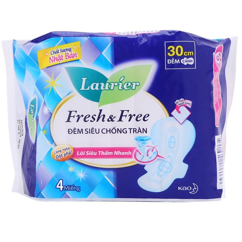 BVS Laurier Fresh &amp; Free Đêm Siêu Chống Tràn 30cm, 35cm gói 4 miếng