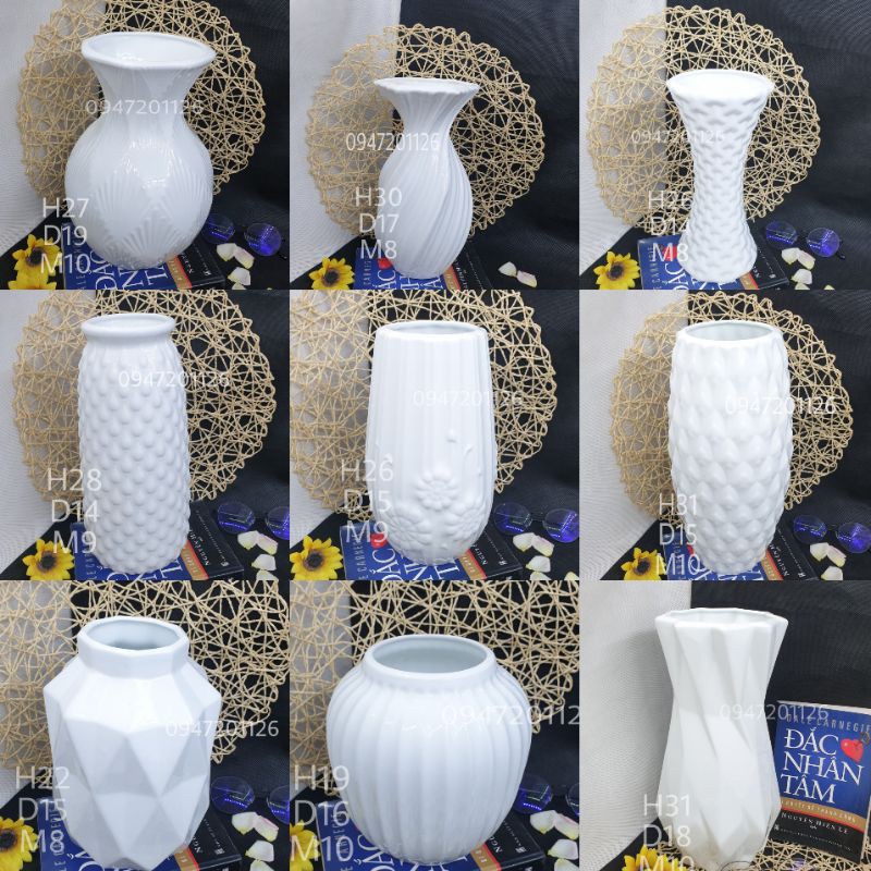 [ MUA LÀ CÓ QUÀ ] Lọ bình hoa sứ màu trắng tinh khôi size to - 20 kiểu dáng khác nhau - Gốm sứ Bát tràng cao cấp