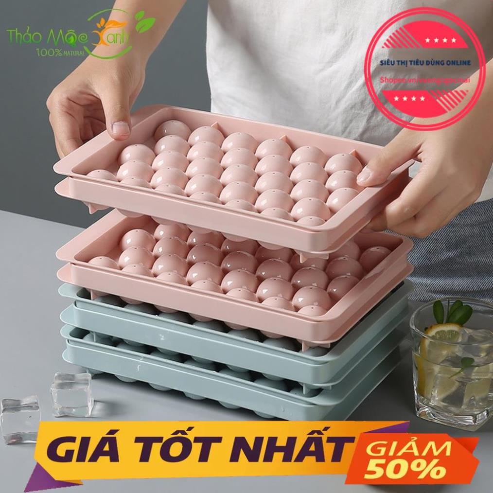 Khay làm đá tròn tủ lạnh 33 viên, khuôn làm đá có nắp đậy thông minh hình bi giá sỉ